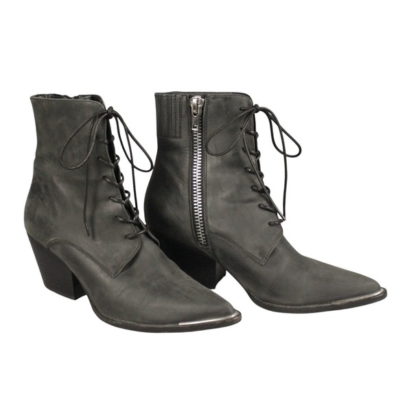 Jeffrey Campbell Gray Leather Lace Up Side Zip Pointed Toe Ankle Boots SULLI 9.5 - Picture 1 of 10